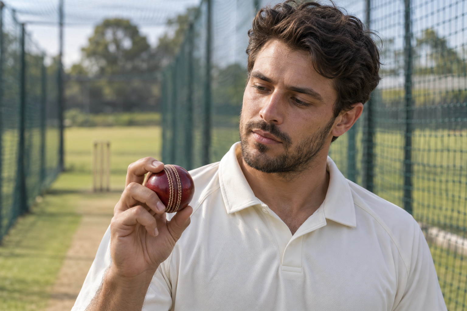 Cricket player examining a finger-spin grip on a cricket ball beside practice nets.