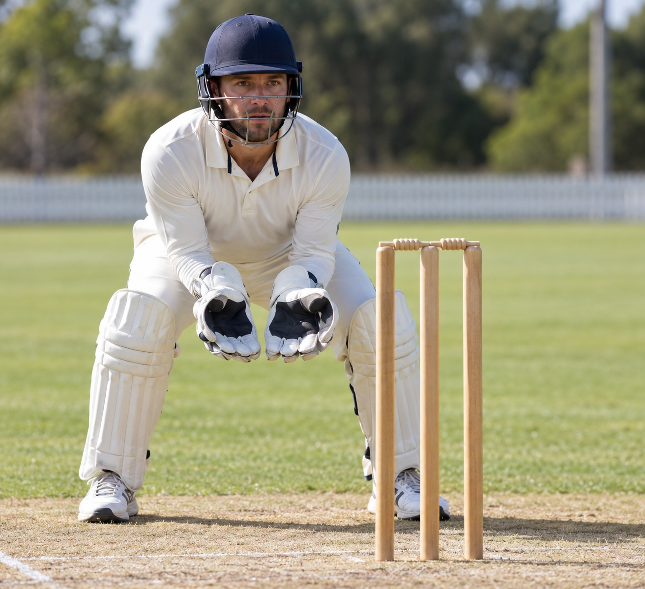 Cricket player crouching with wicketkeeping gloves behind three stumps.