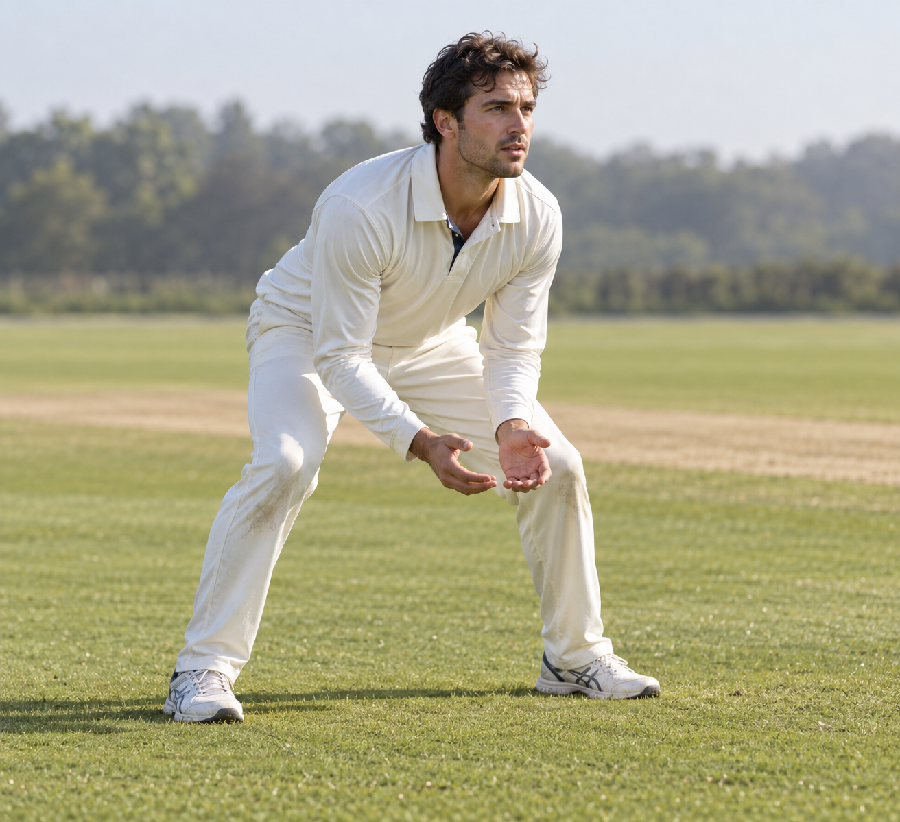 Cricket player waiting in a low slip-fielding stance with bare hands cupped.