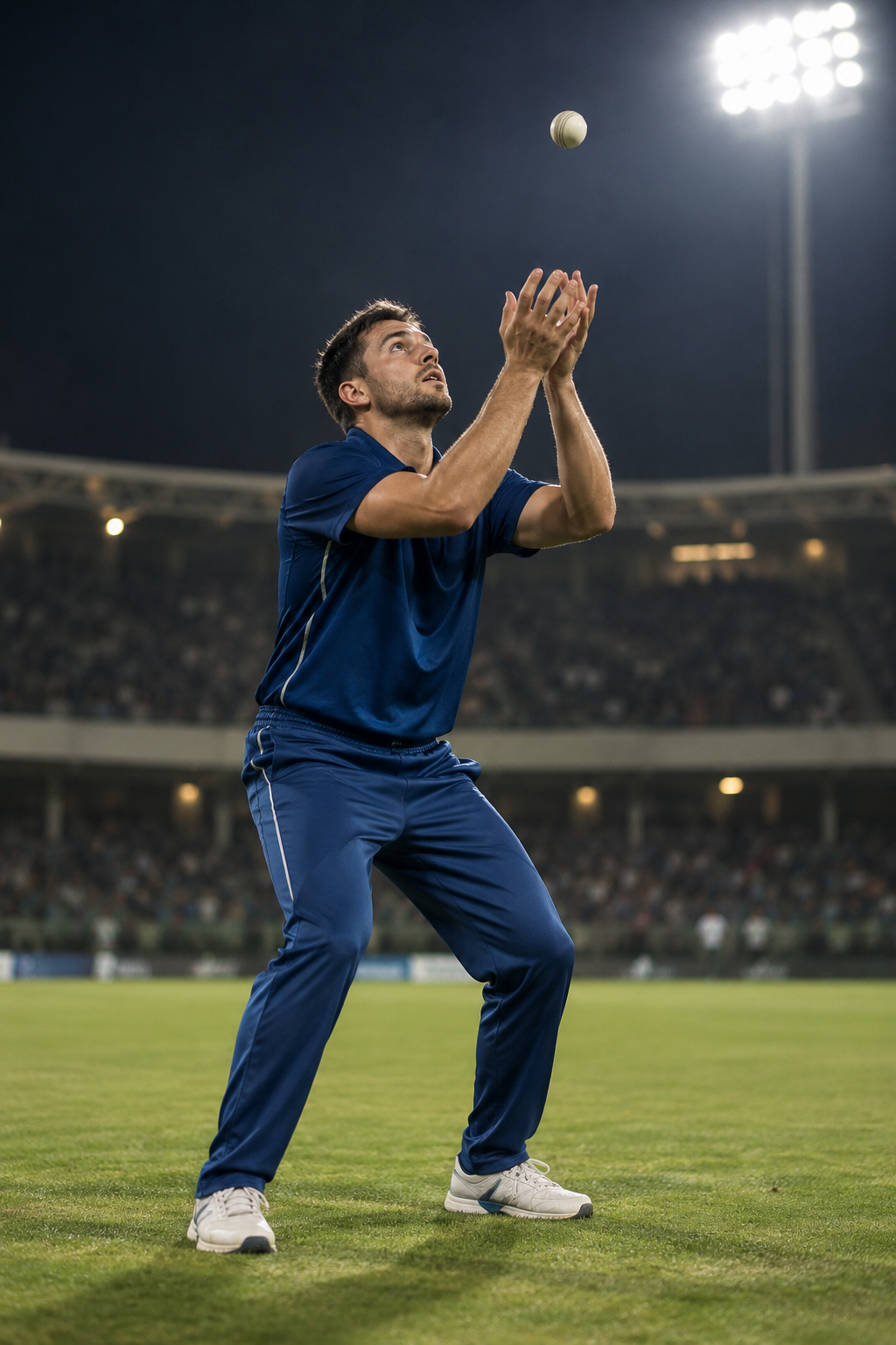 Cricket player preparing to catch a ball above eye level under stadium lights.