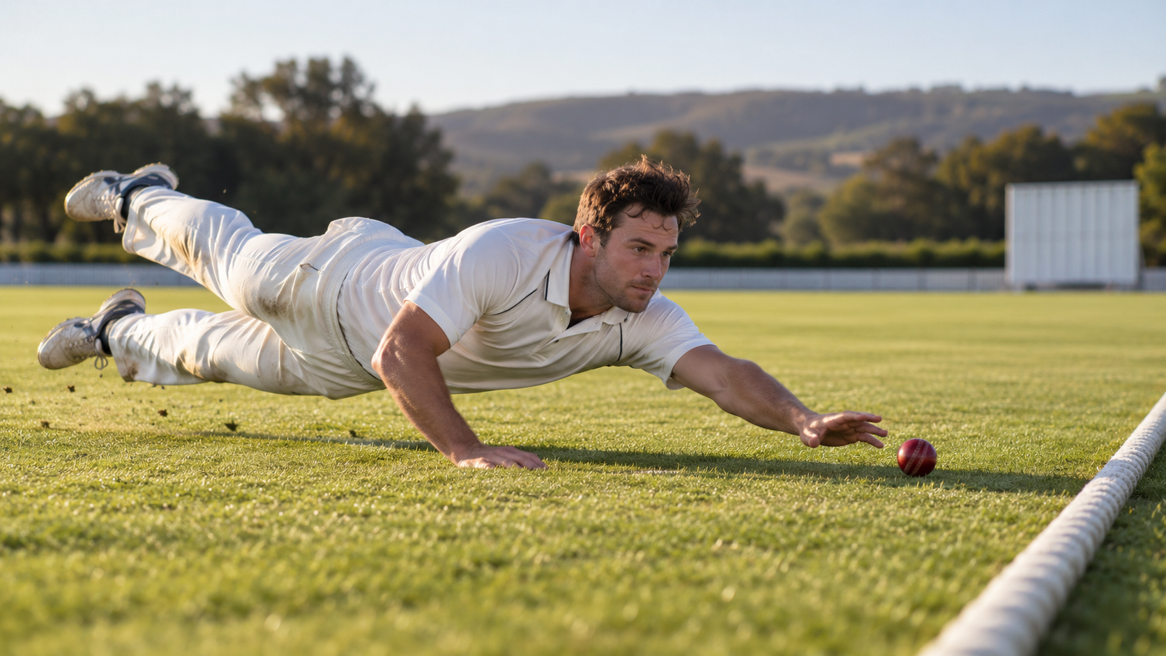 Cricket player diving along the grass toward a ball before the boundary rope.