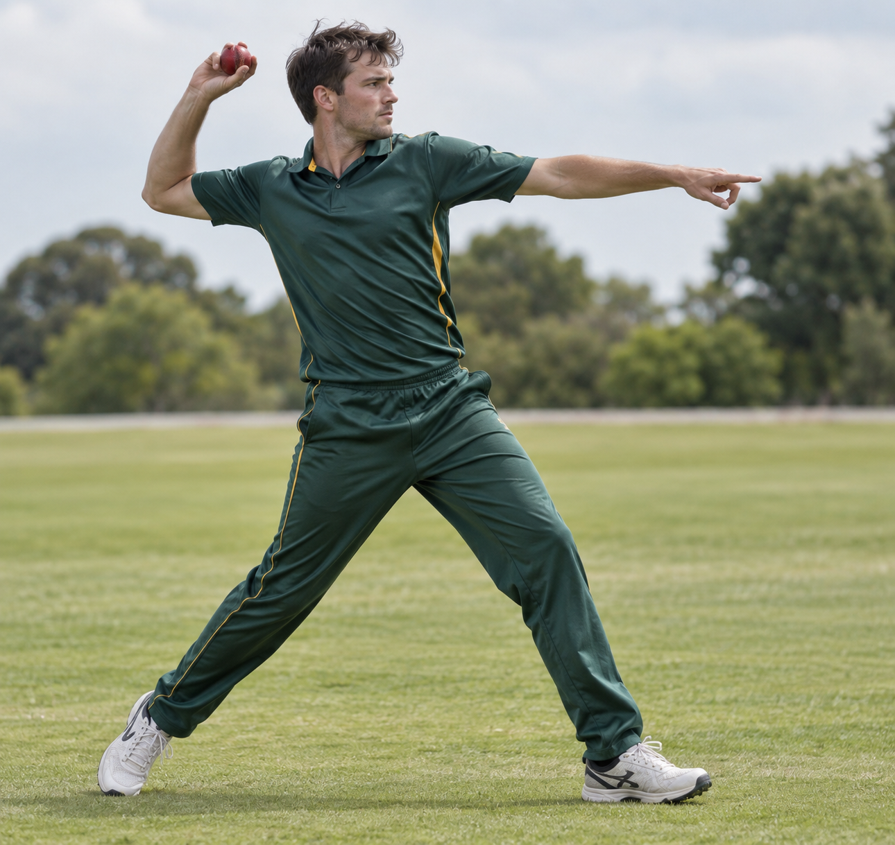 Cricket player preparing an overarm outfield throw with the ball behind the shoulder.