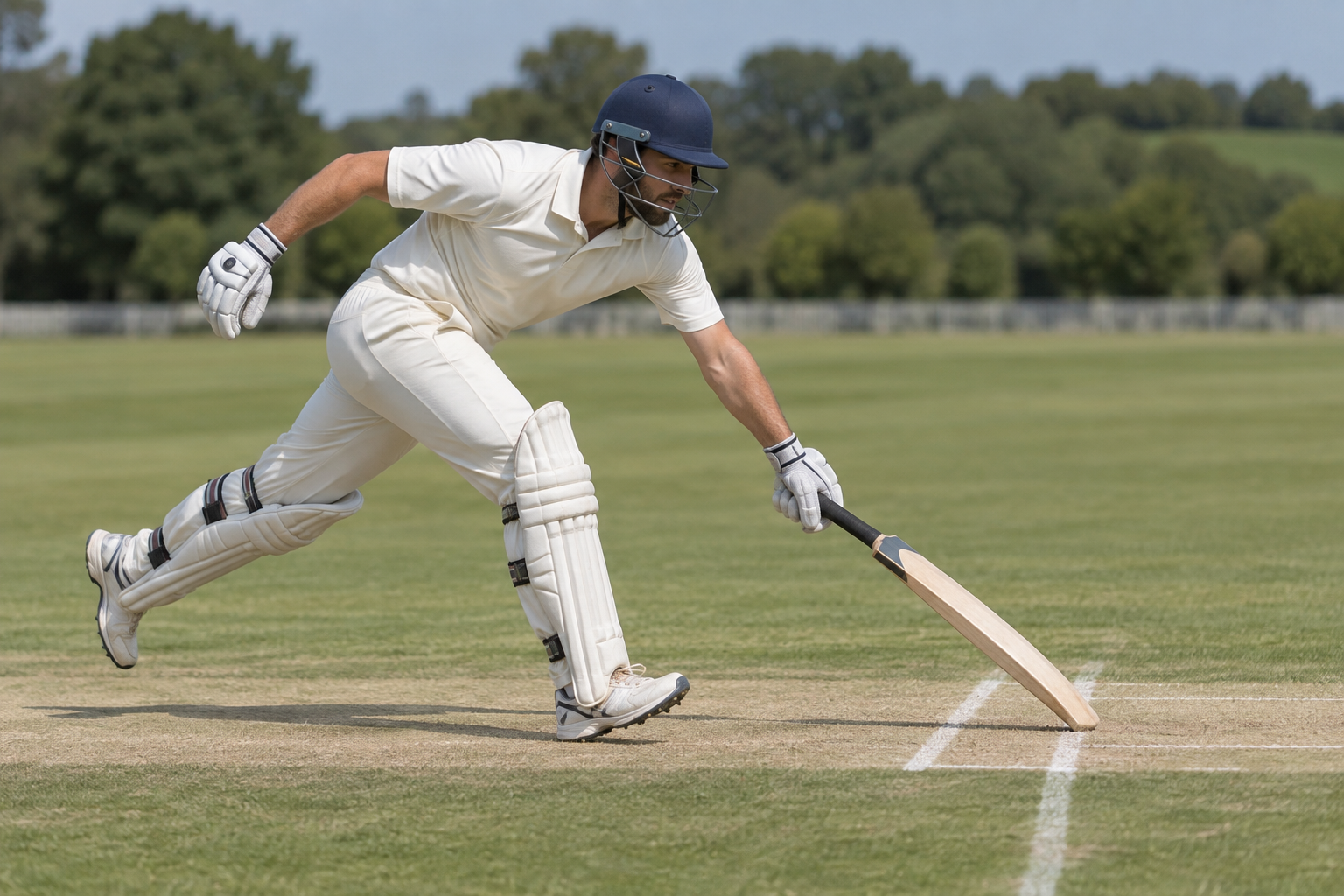 Cricket player running through the crease with the bat grounded beyond the line.