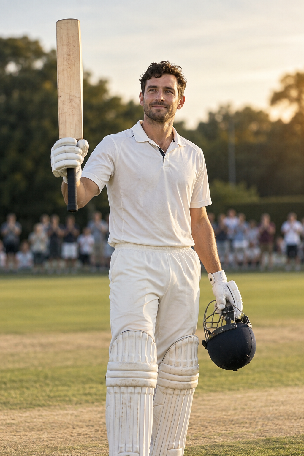 Cricket player raising a bat in acknowledgment while holding a helmet.