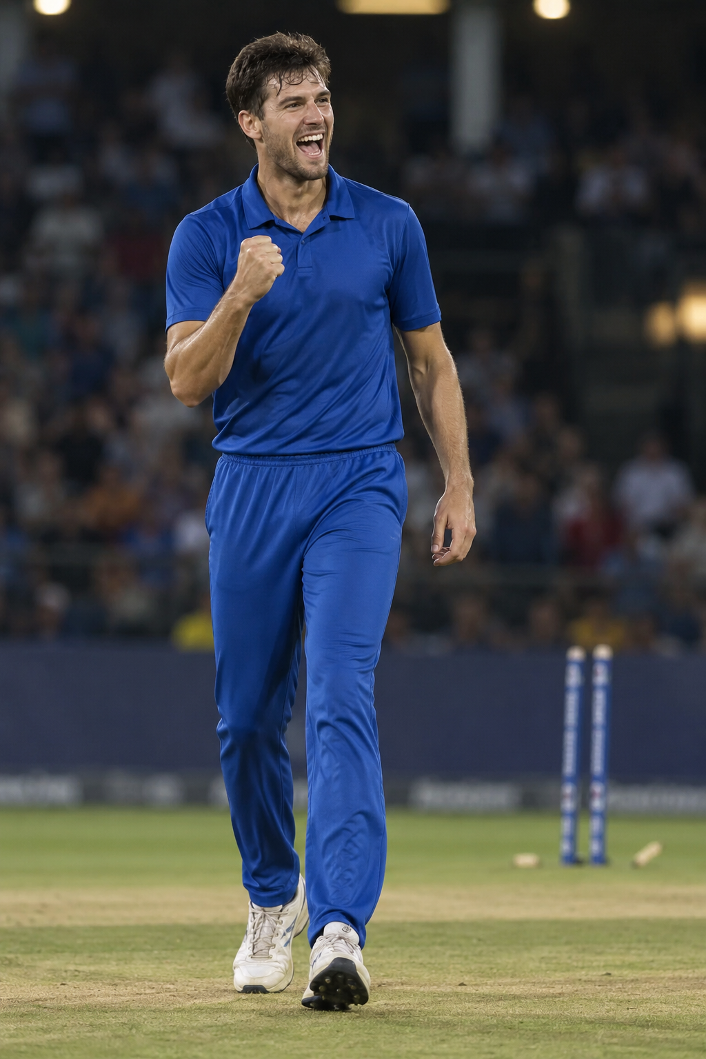 Cricket player celebrating a wicket with a clenched fist and a forward step.