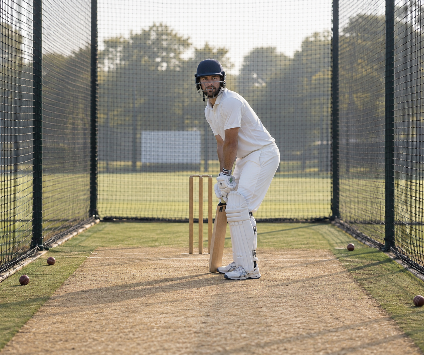 Cricket player checking their batting guard inside an outdoor practice net.