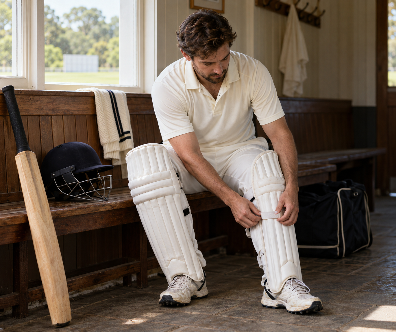 Cricket player fastening a batting pad while seated on a pavilion bench.