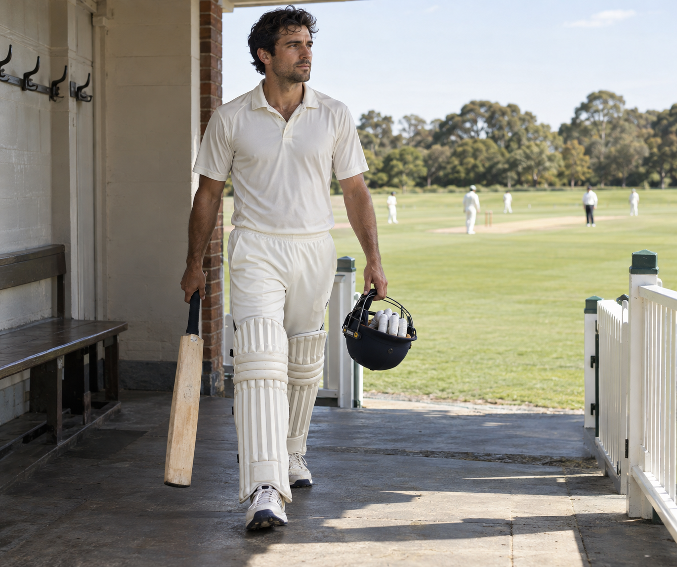 Cricket player walking out of a pavilion carrying a bat and helmet.