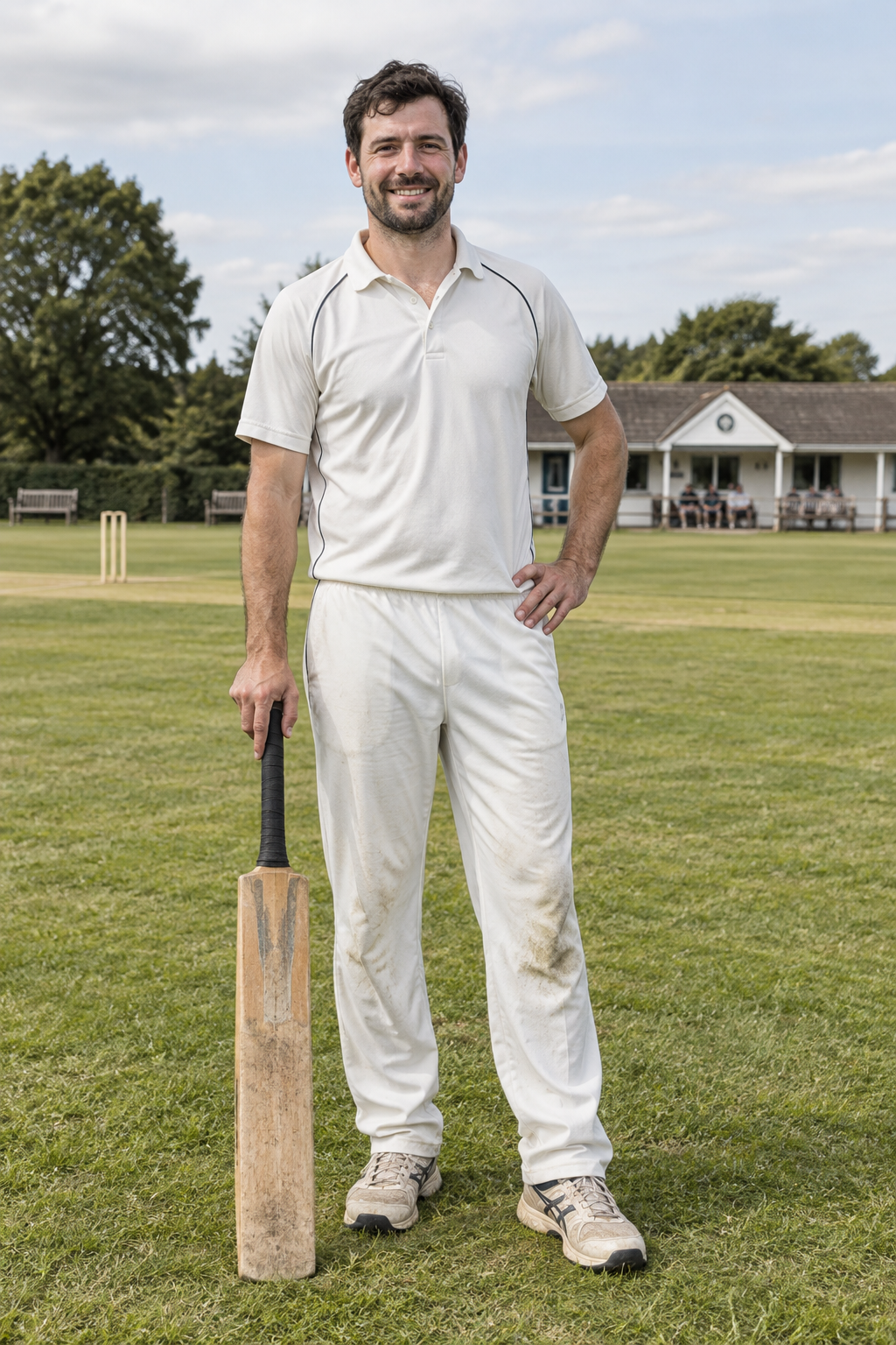 Cricket player standing with a well-used bat beside a modest local pitch.