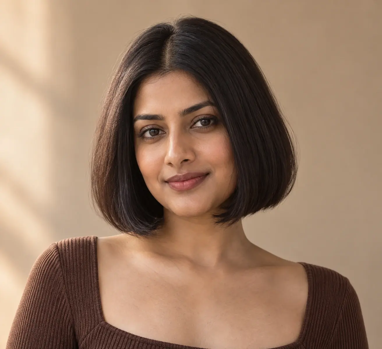 Studio portrait of an adult South Asian woman with dark straight hair showing chin-length bob against a warm neutral background.