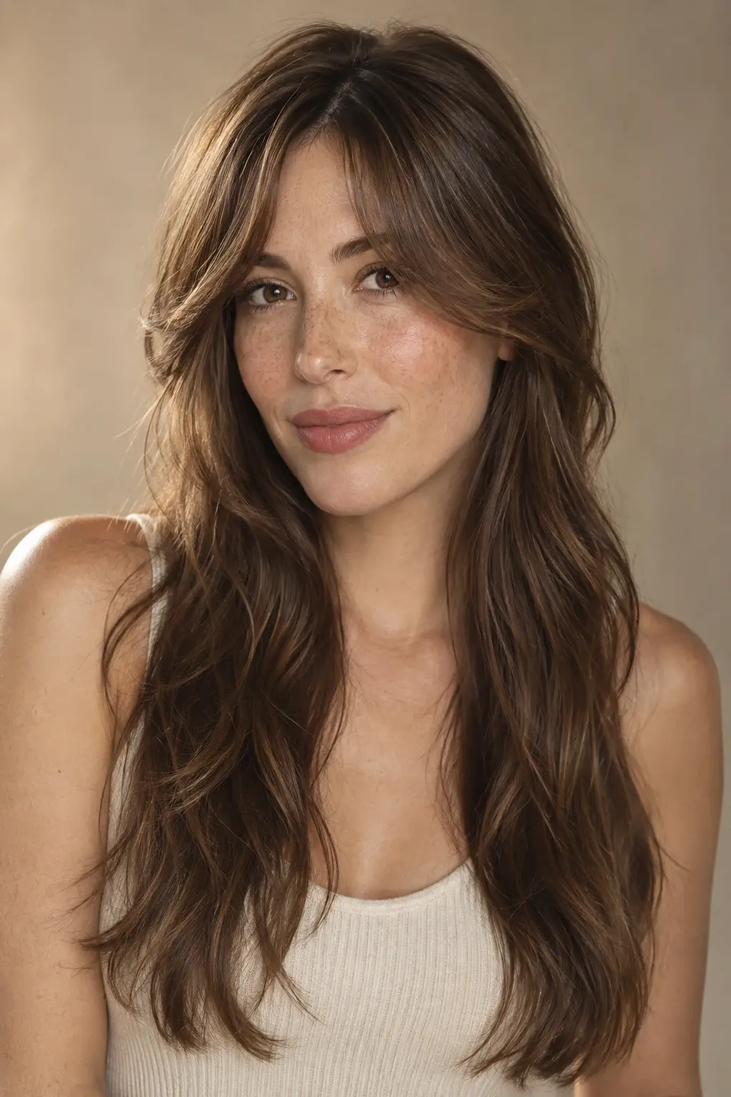 Studio portrait of an adult woman with chestnut long hair and freckles showing curtain bangs against a warm neutral background.
