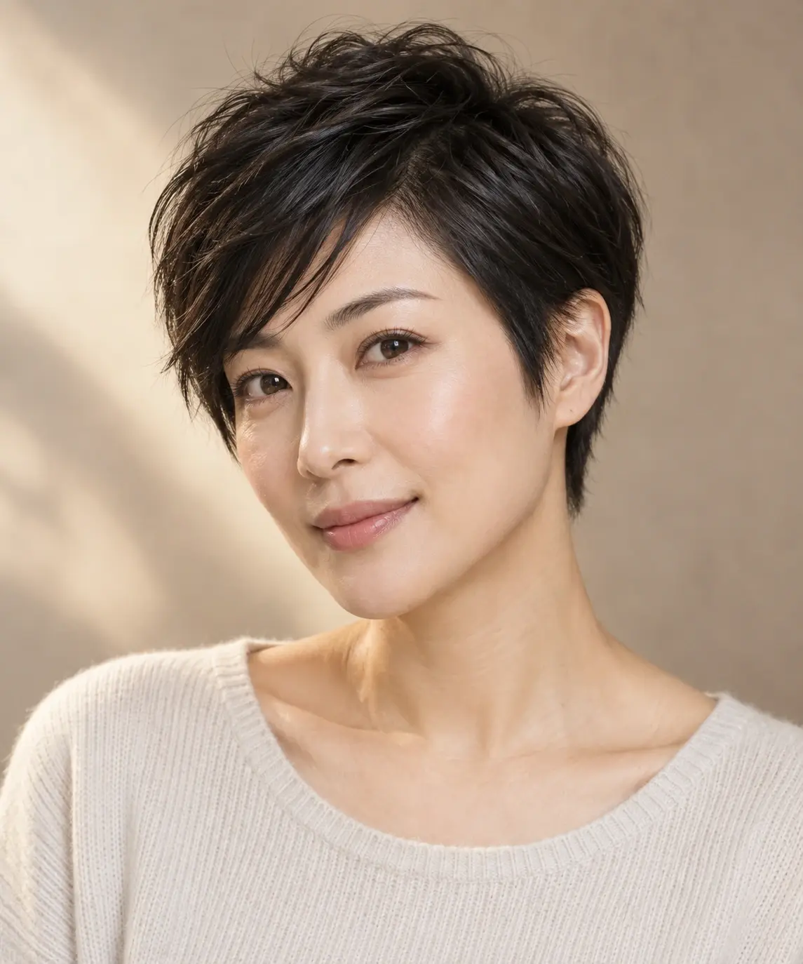 Studio portrait of an adult East Asian woman with black hair showing pixie cut against a warm neutral background.