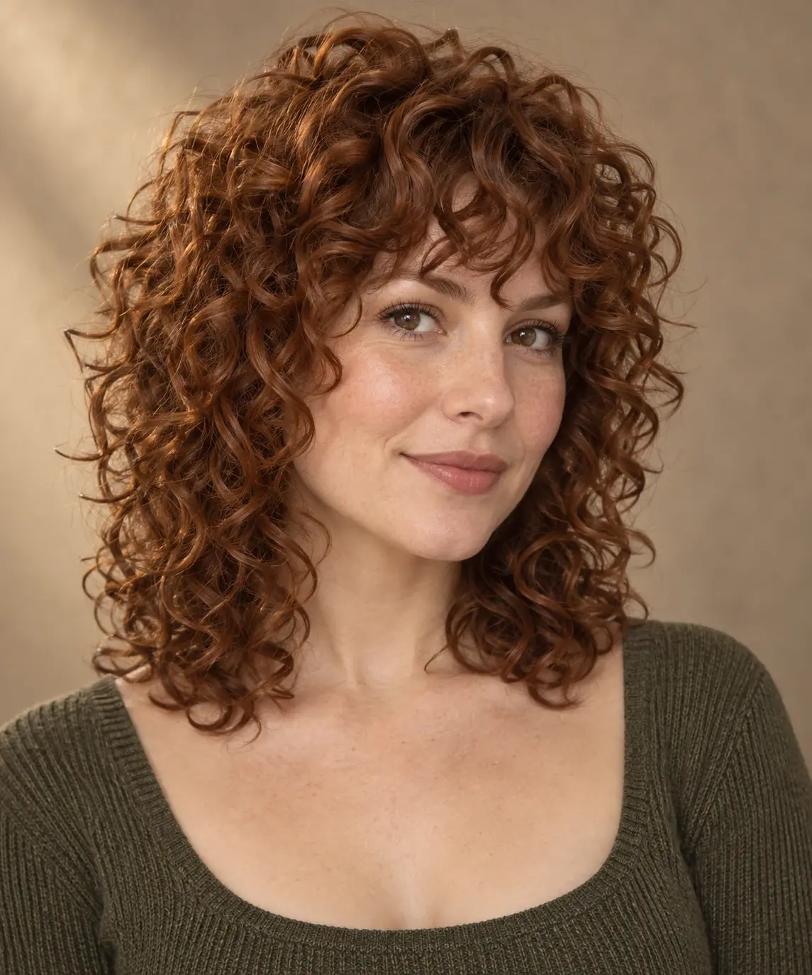 Studio portrait of an adult woman with auburn naturally curly hair showing curly shag against a warm neutral background.