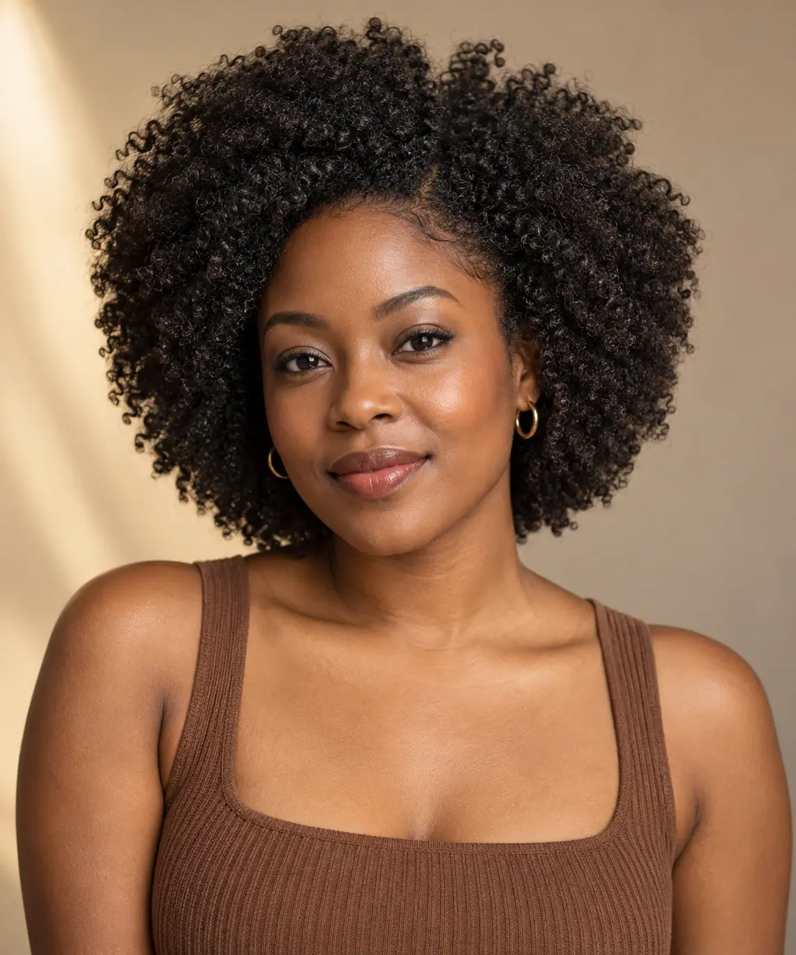 Studio portrait of an adult Black woman with tightly coiled dark hair showing natural coils against a warm neutral background.