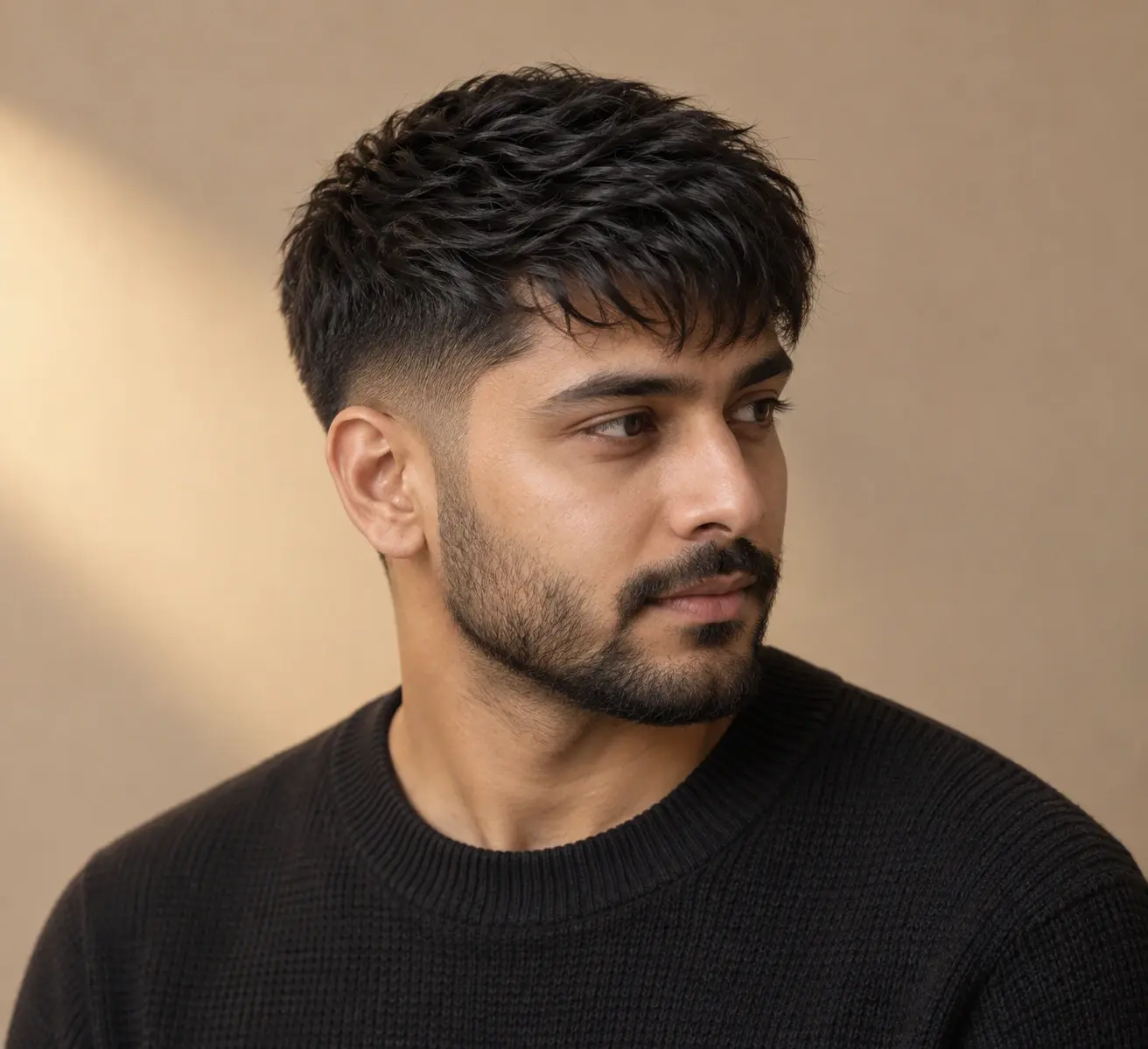 Studio portrait of an adult South Asian man with dark hair and a short beard showing low taper crop against a warm neutral background.