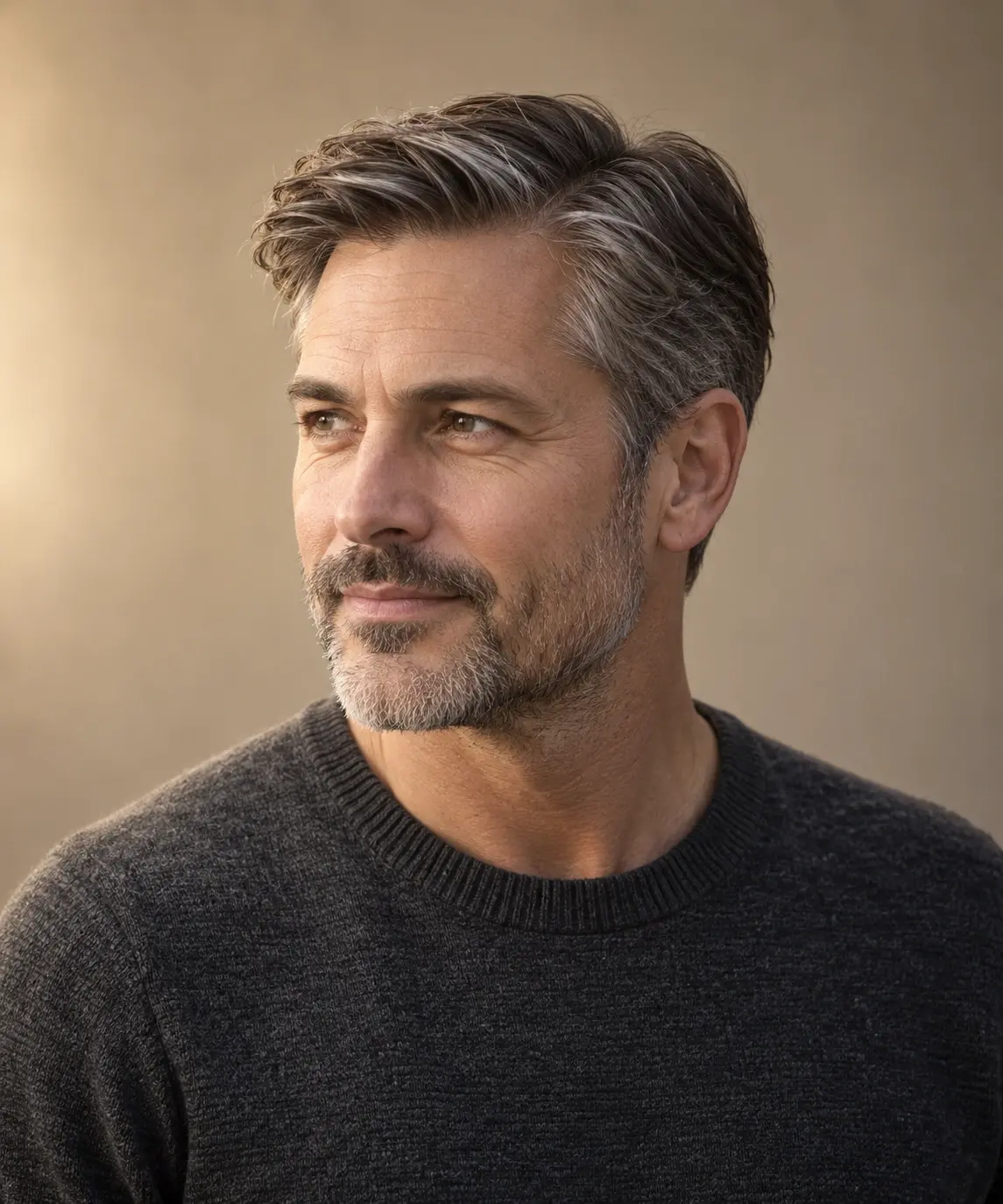 Studio portrait of an adult man with salt-and-pepper hair showing side-part haircut against a warm neutral background.