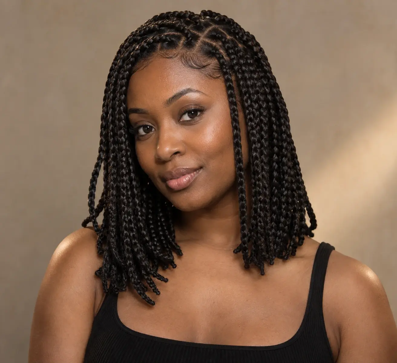 Studio portrait of an adult Black woman with dark shoulder-length box braids showing box braids against a warm neutral background.