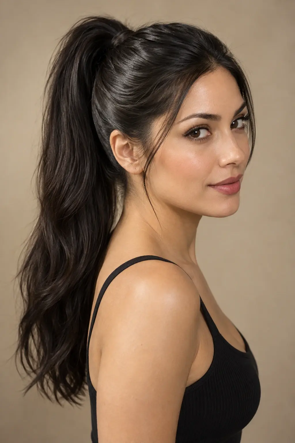 Studio portrait of an adult woman with long black hair shown in three-quarter profile showing high ponytail against a warm neutral background.