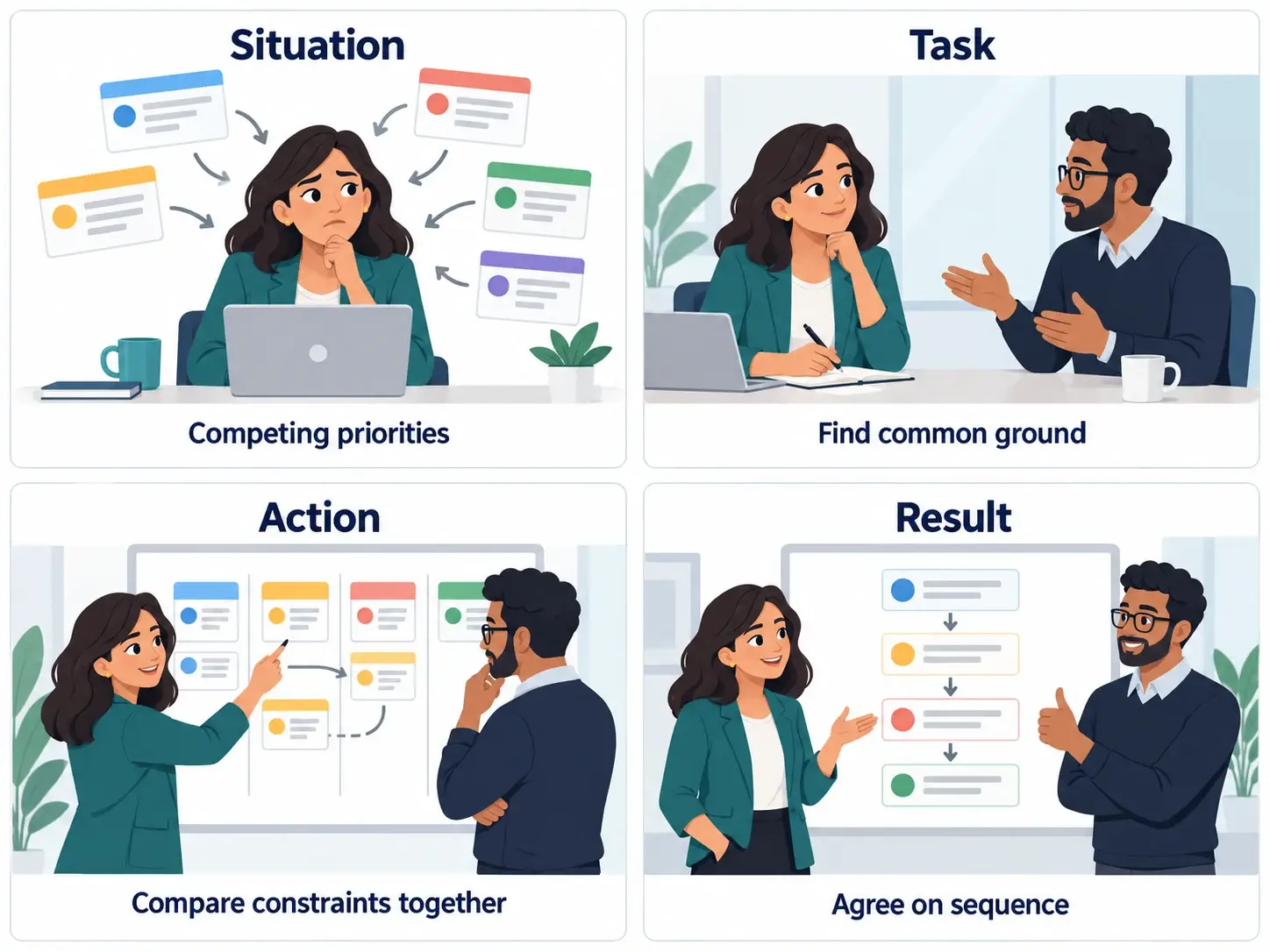 Four-panel STAR storyboard showing competing priorities, a listening meeting, joint prioritization, and an agreed schedule.
