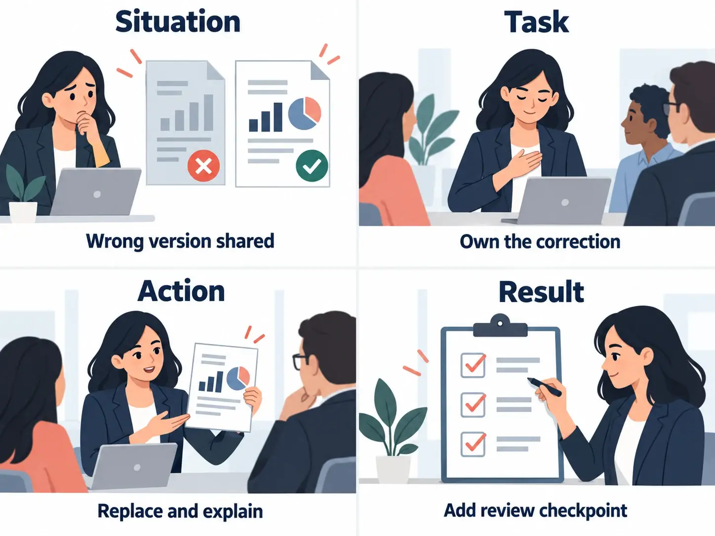 Four-panel STAR storyboard showing a document version mistake, ownership, correction, and a new review checkpoint.
