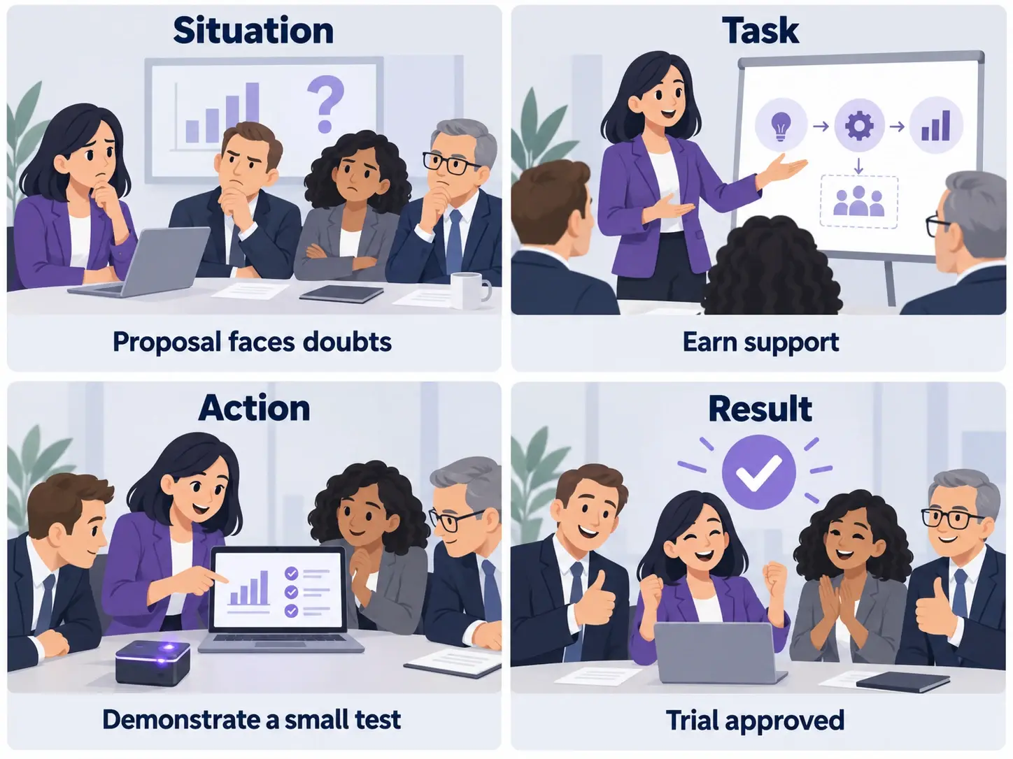 STAR storyboard depicting stakeholder doubts, a pilot proposal, a demonstration, and approval for a trial.