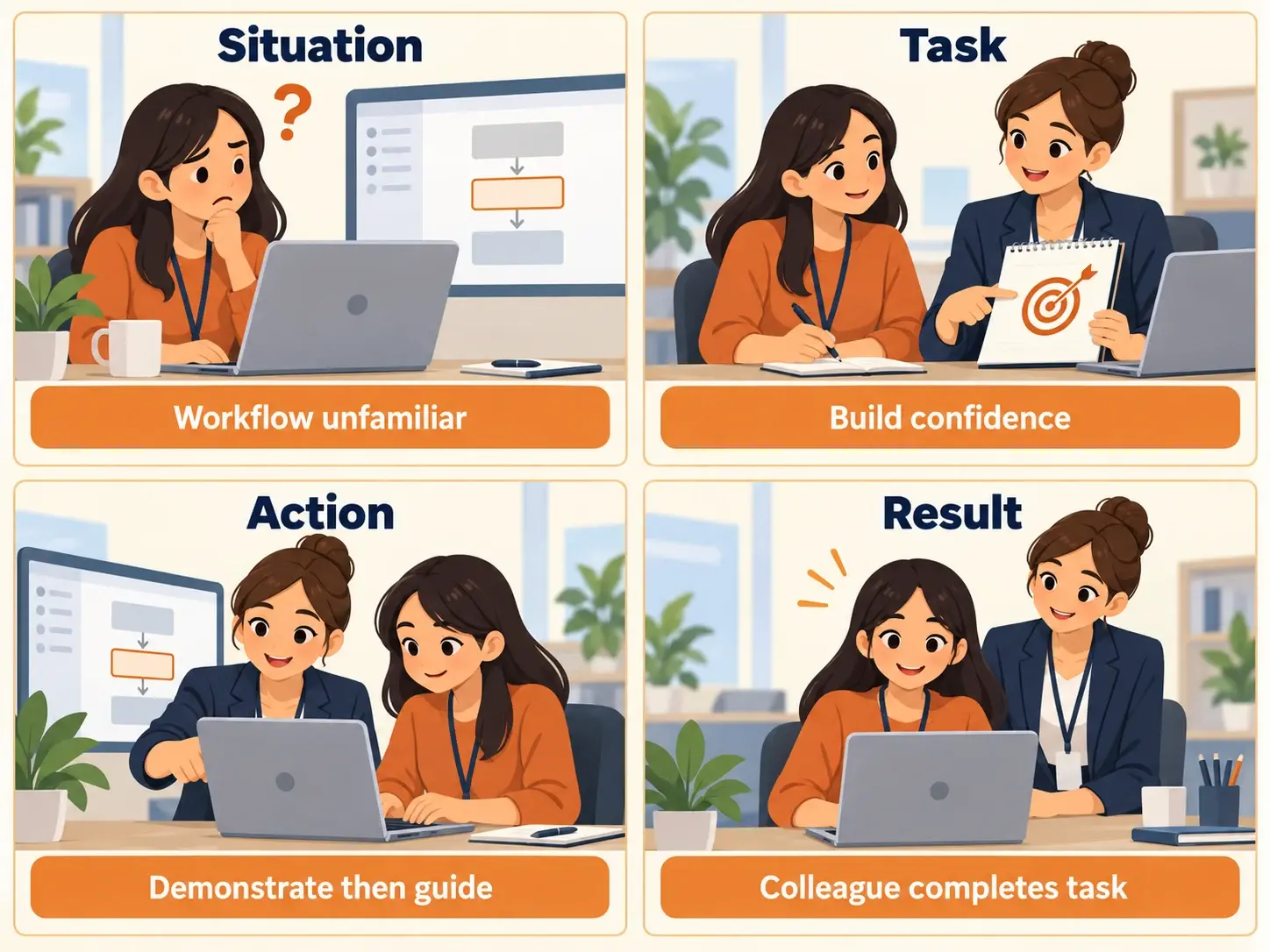 STAR storyboard showing an unfamiliar workflow, a shared learning goal, guided practice, and a colleague completing a task independently.