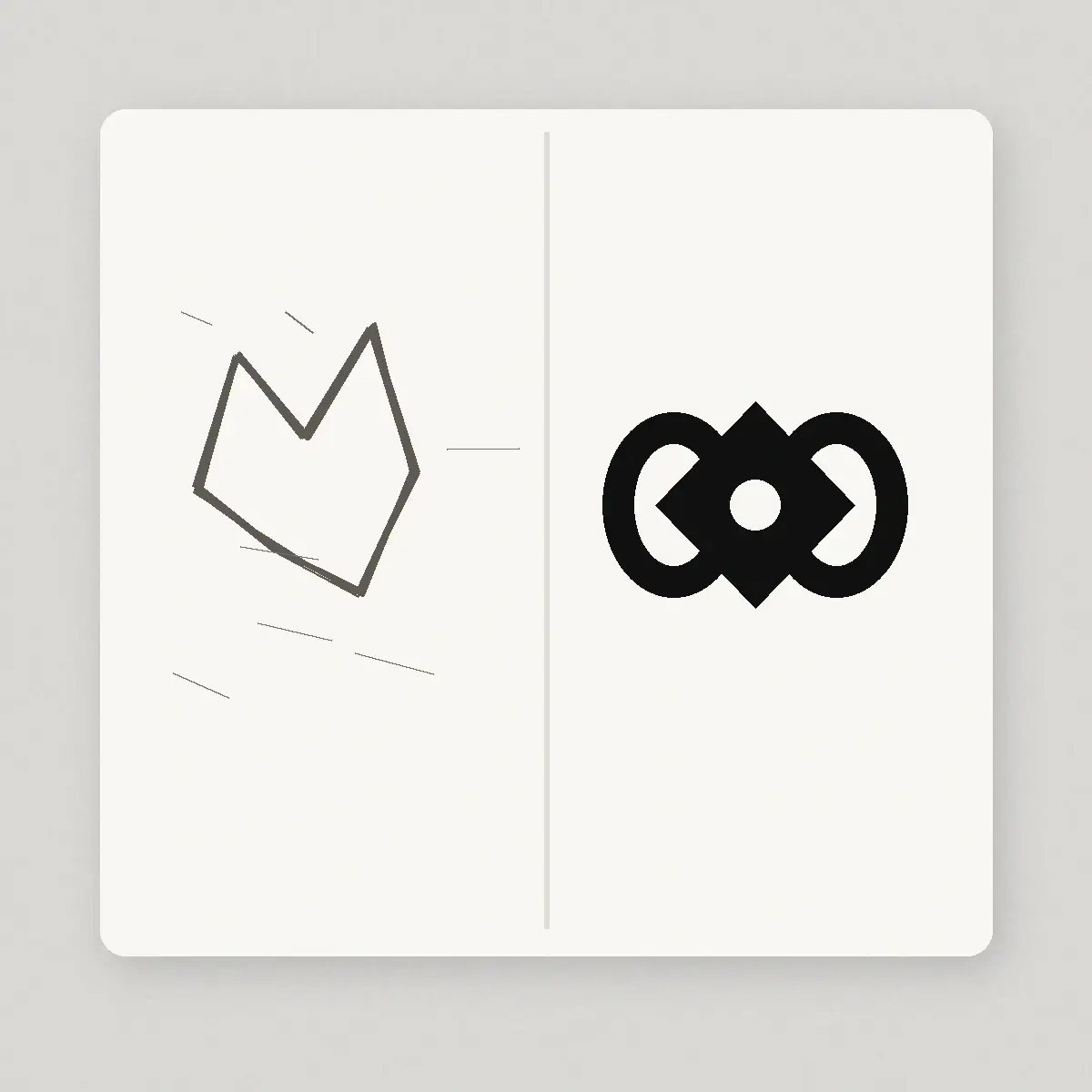 A rough pencil logo sketch on a notebook page beside the same symbol redrawn as a clean solid black vector mark.