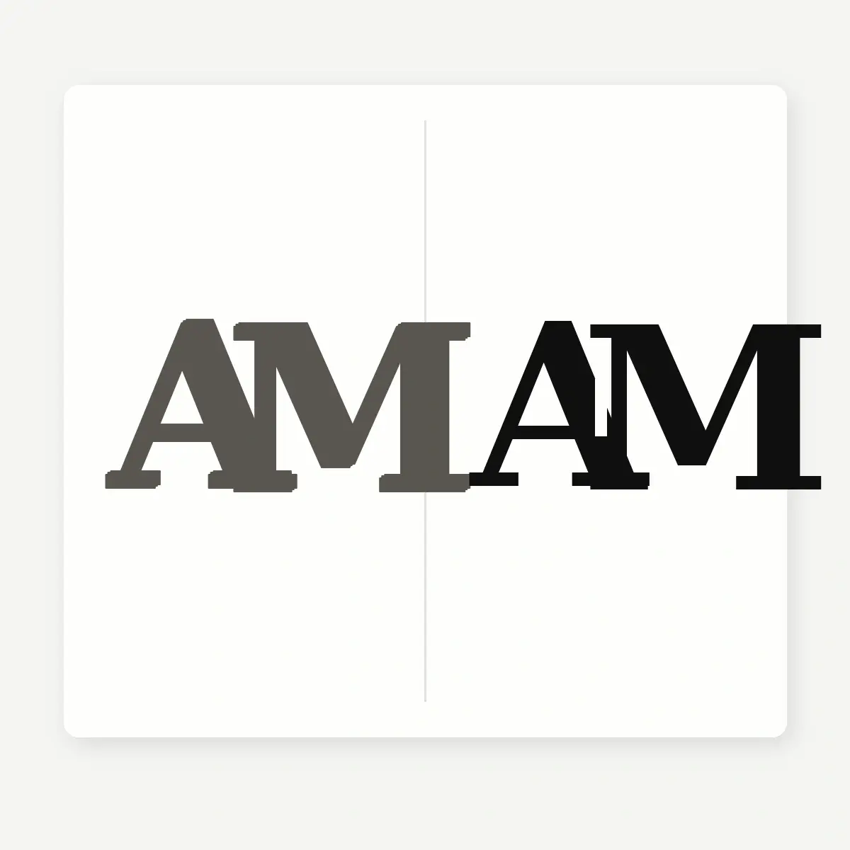 A handwritten sketch of overlapping initials beside a refined interlocking black monogram of the letters A and M.