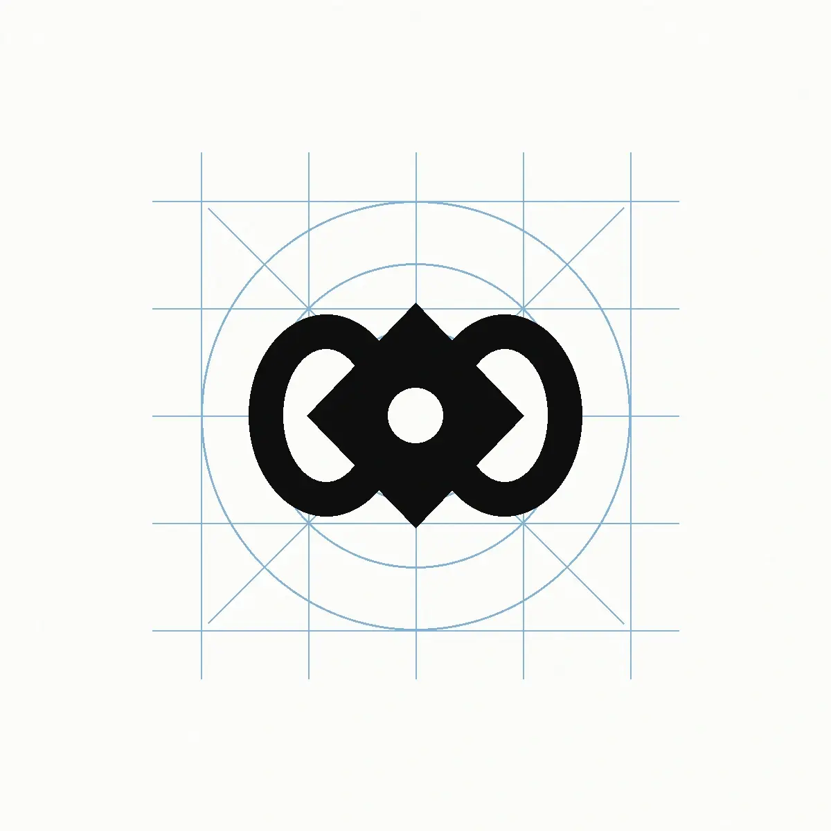 A minimal black geometric logo symbol shown over faint blue construction circles and alignment lines on white.