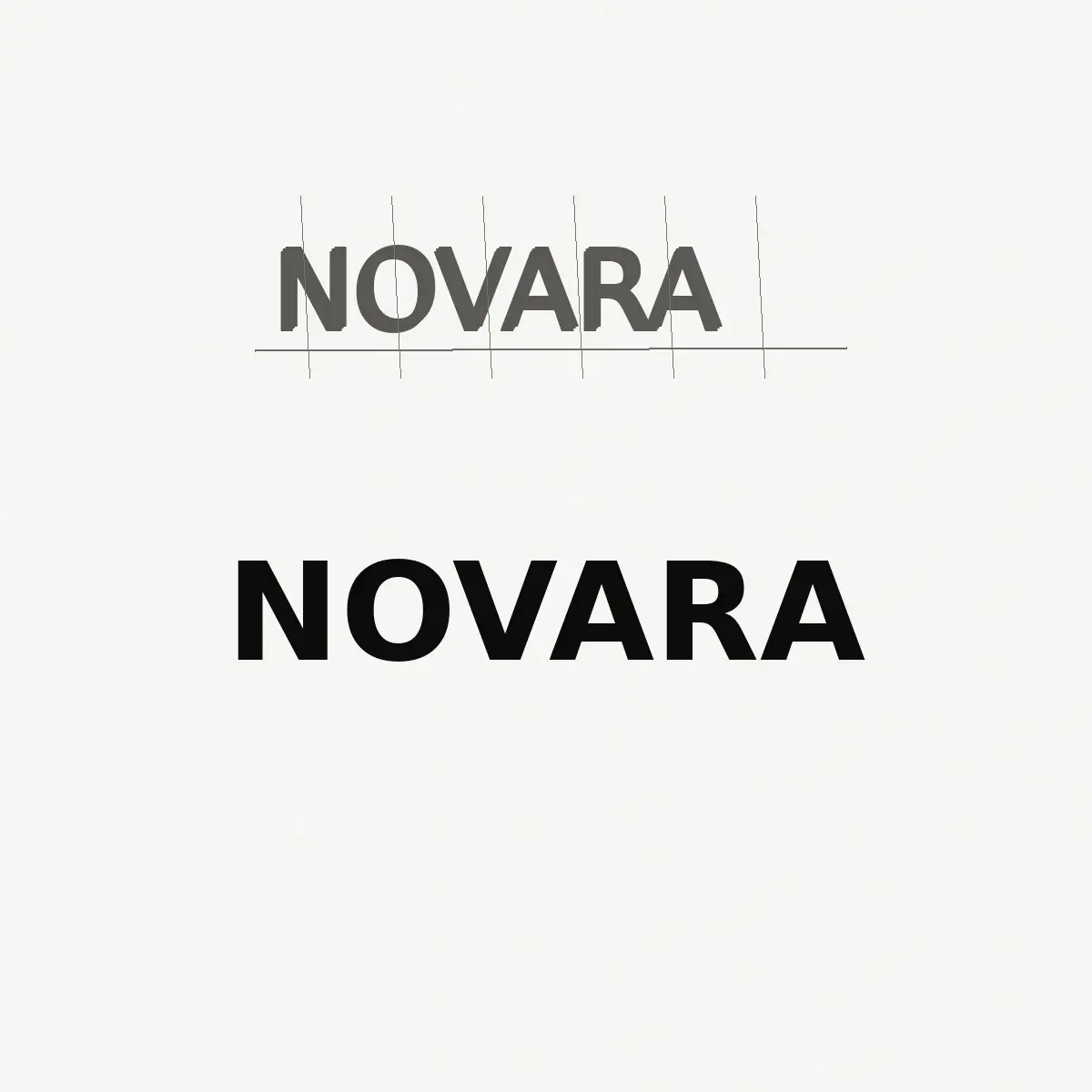 A rough pencil lettering sketch above a refined black custom wordmark reading NOVARA on white paper.