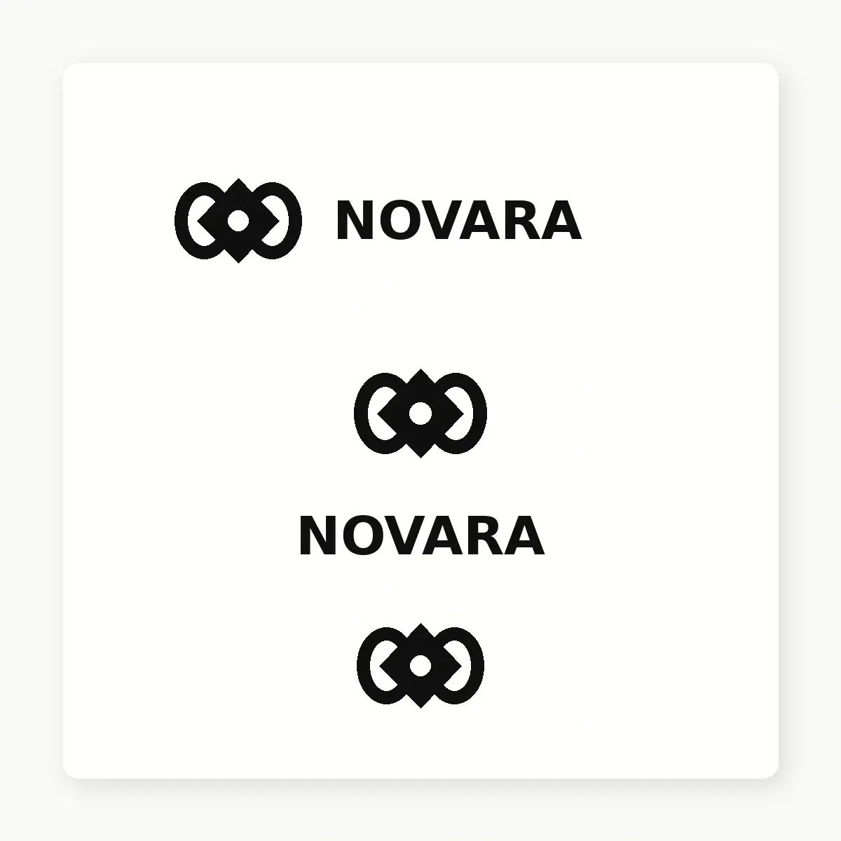 A white sheet showing horizontal, stacked, and symbol-only logo lock-ups using a black symbol and the word NOVARA.
