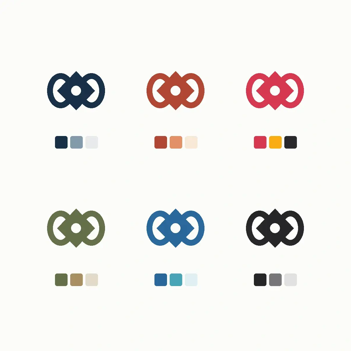 A grid showing one abstract logo symbol repeated in six different color schemes with swatch rows beneath each.
