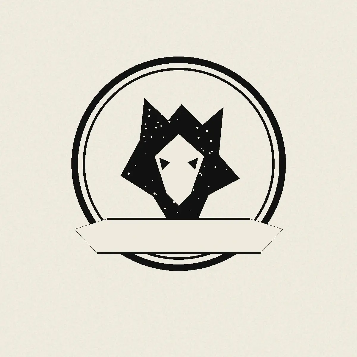 A circular black emblem badge with a bold animal silhouette, double-ring border, and an empty ribbon banner.