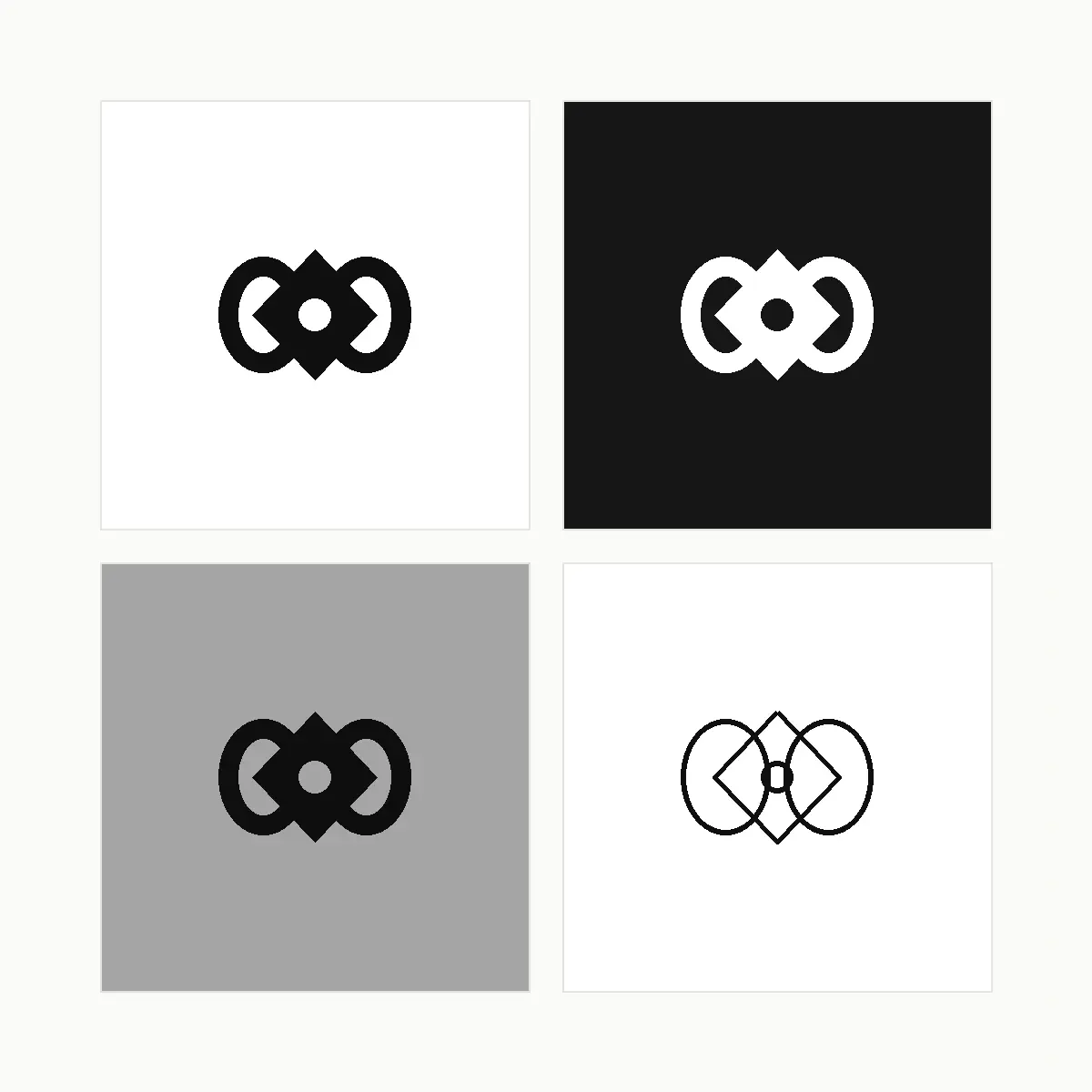 A four-panel sheet showing one logo symbol in black, reversed white on black, greyscale, and thin outline versions.