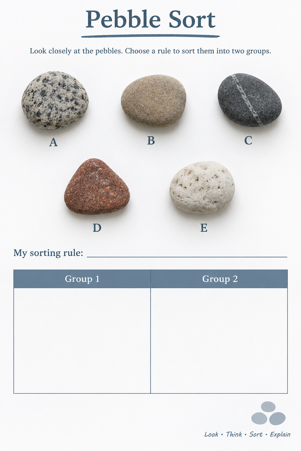 A pebble sorting worksheet with five labeled stones and an empty grouping table.