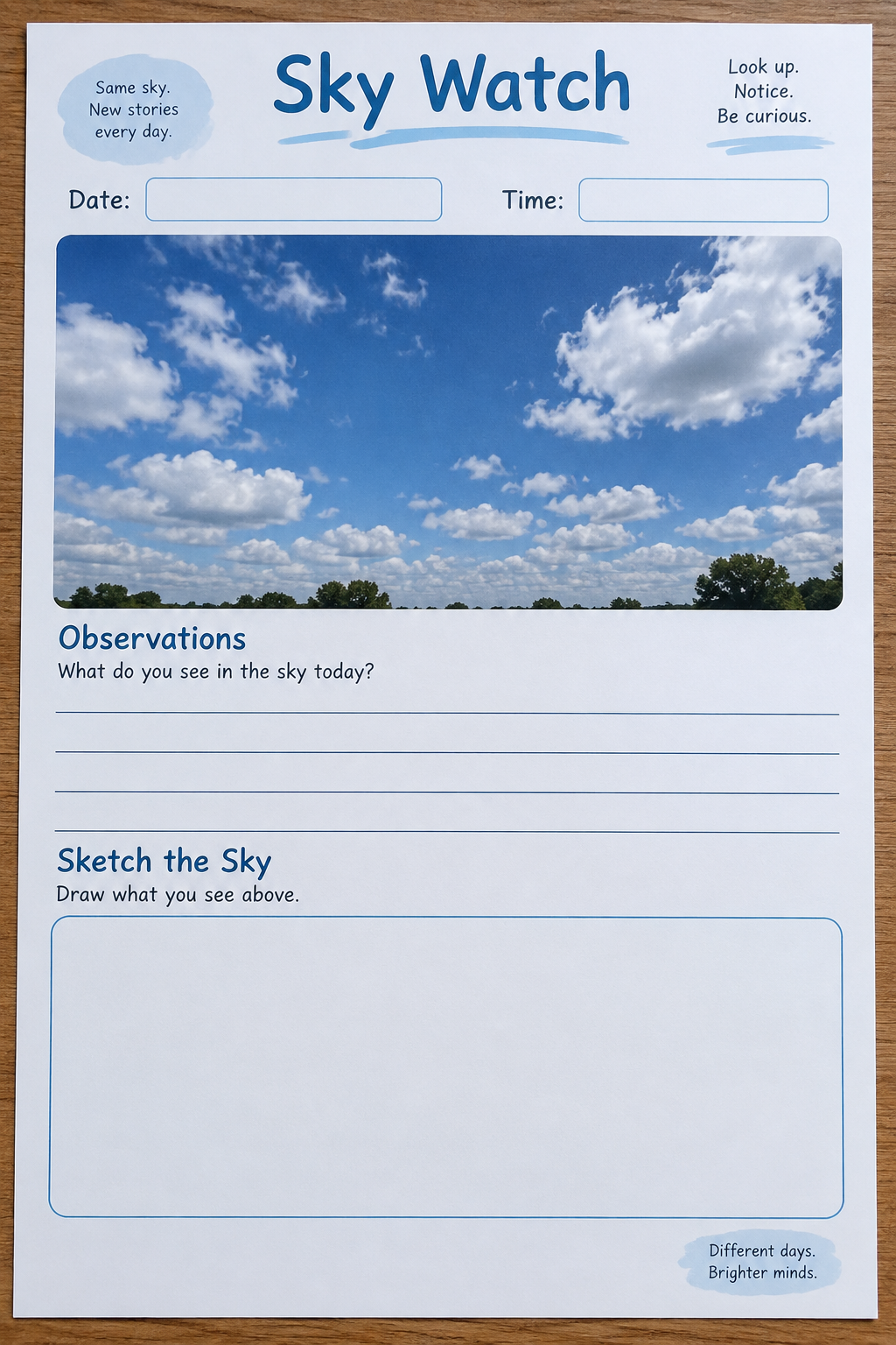 A sky observation worksheet with a cloud photograph, blank date and time fields, and a sketch frame.