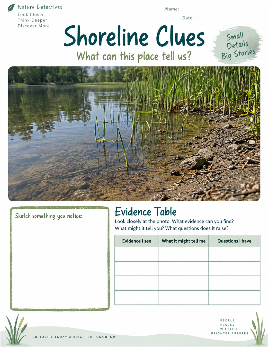 A shoreline observation worksheet with a pond-edge photograph, an empty evidence table, and a drawing frame.