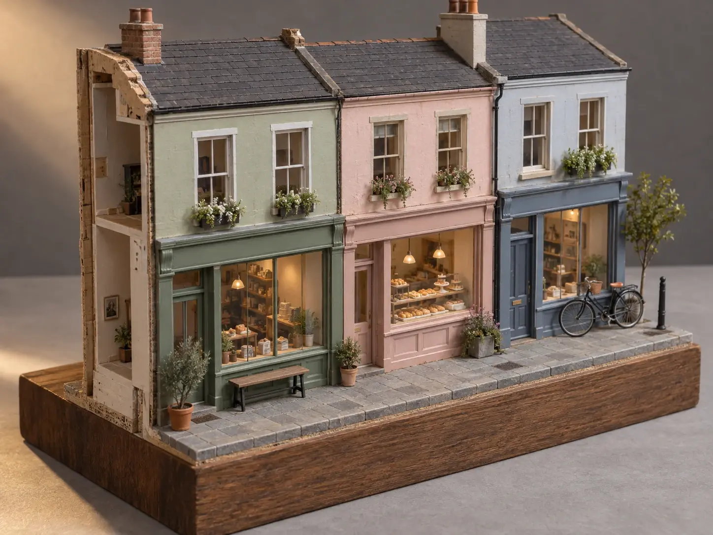 Miniature pastel shopfront block with a bicycle, scored pavement, and an exposed side wall on a wooden base.