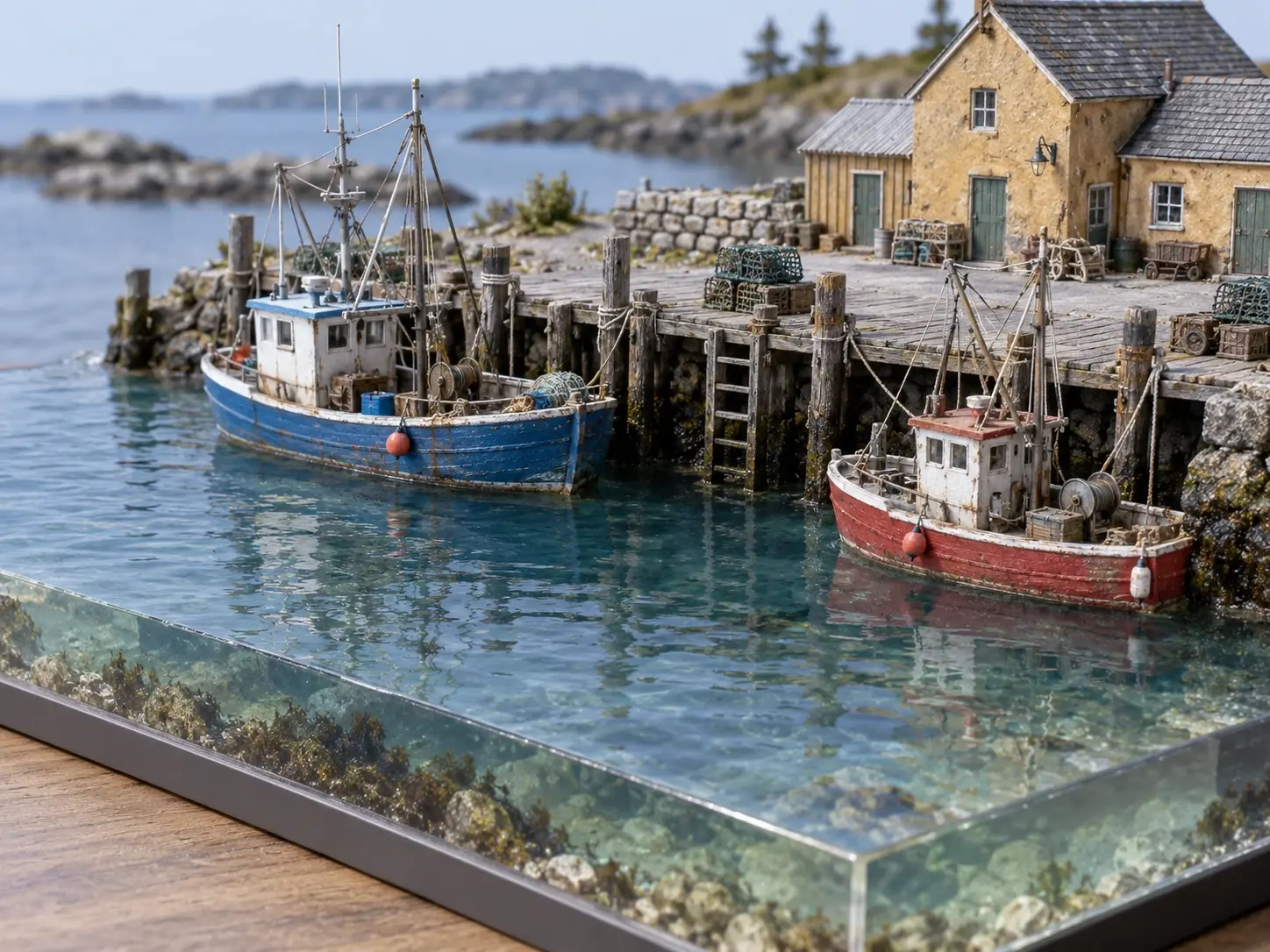 Miniature fishing harbor with two boats, a wooden pier, ochre buildings, and blue-green resin water.