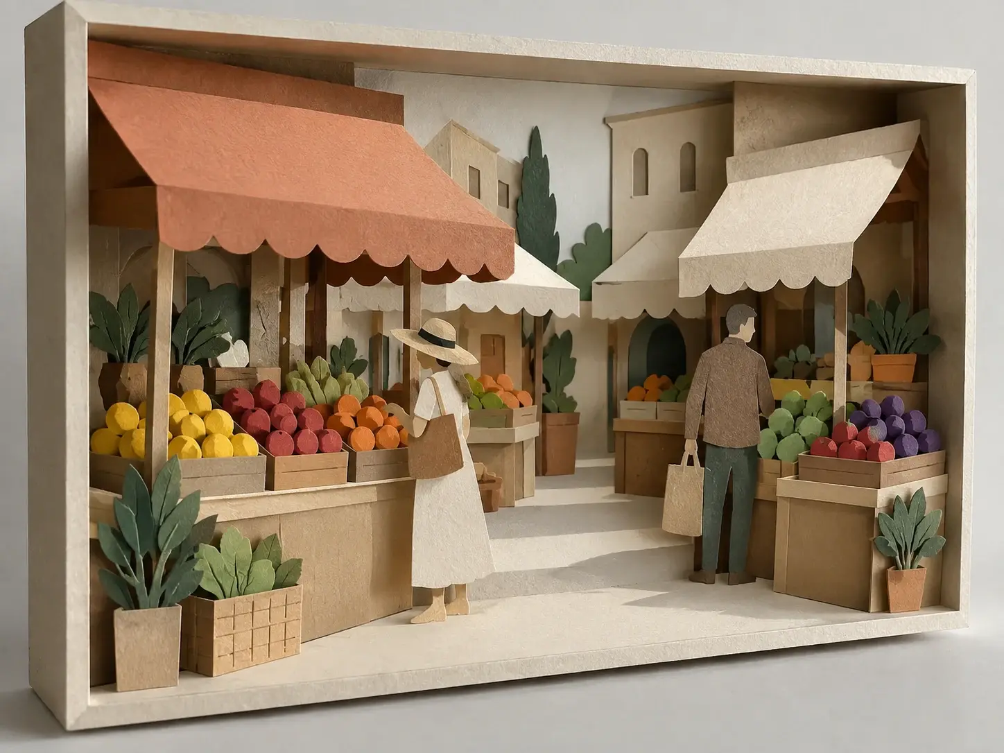 Layered paper market shadow box with striped awnings, produce stalls, two shopper silhouettes, and an open aisle.