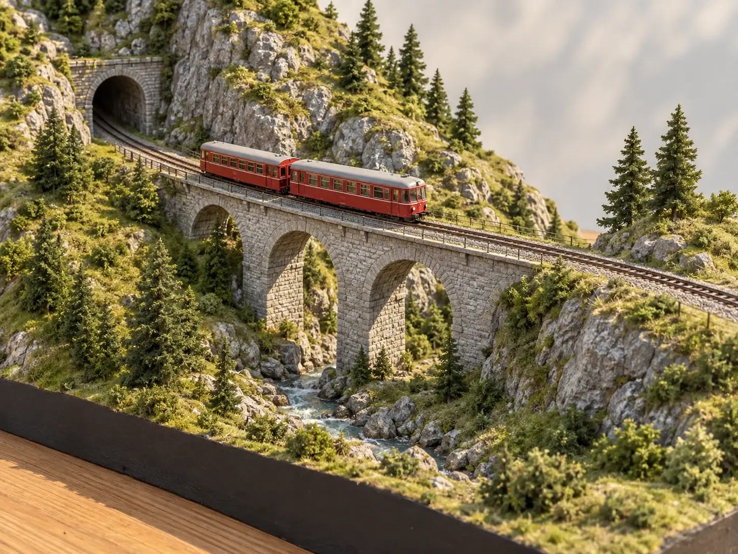 Red model train crossing a stone viaduct beside a carved mountain on a miniature railway terrain base.