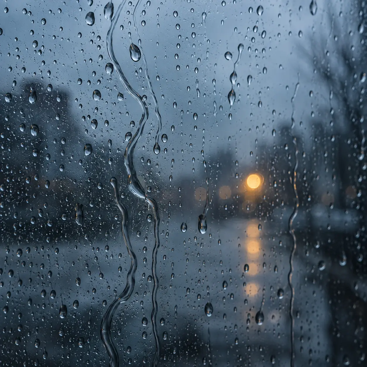 Rain trails on a blue-gray window with a distant blurred amber light.