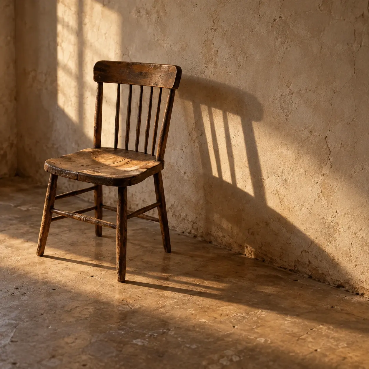 An empty wooden chair casting a long shadow across a sunlit bare floor.