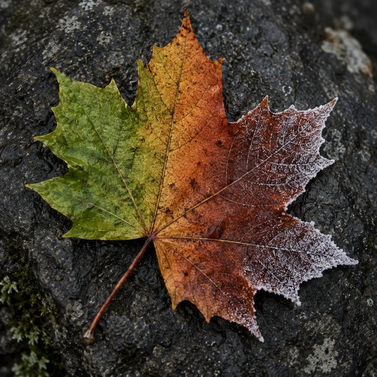 A single leaf transitioning from green to russet and frost on dark stone.