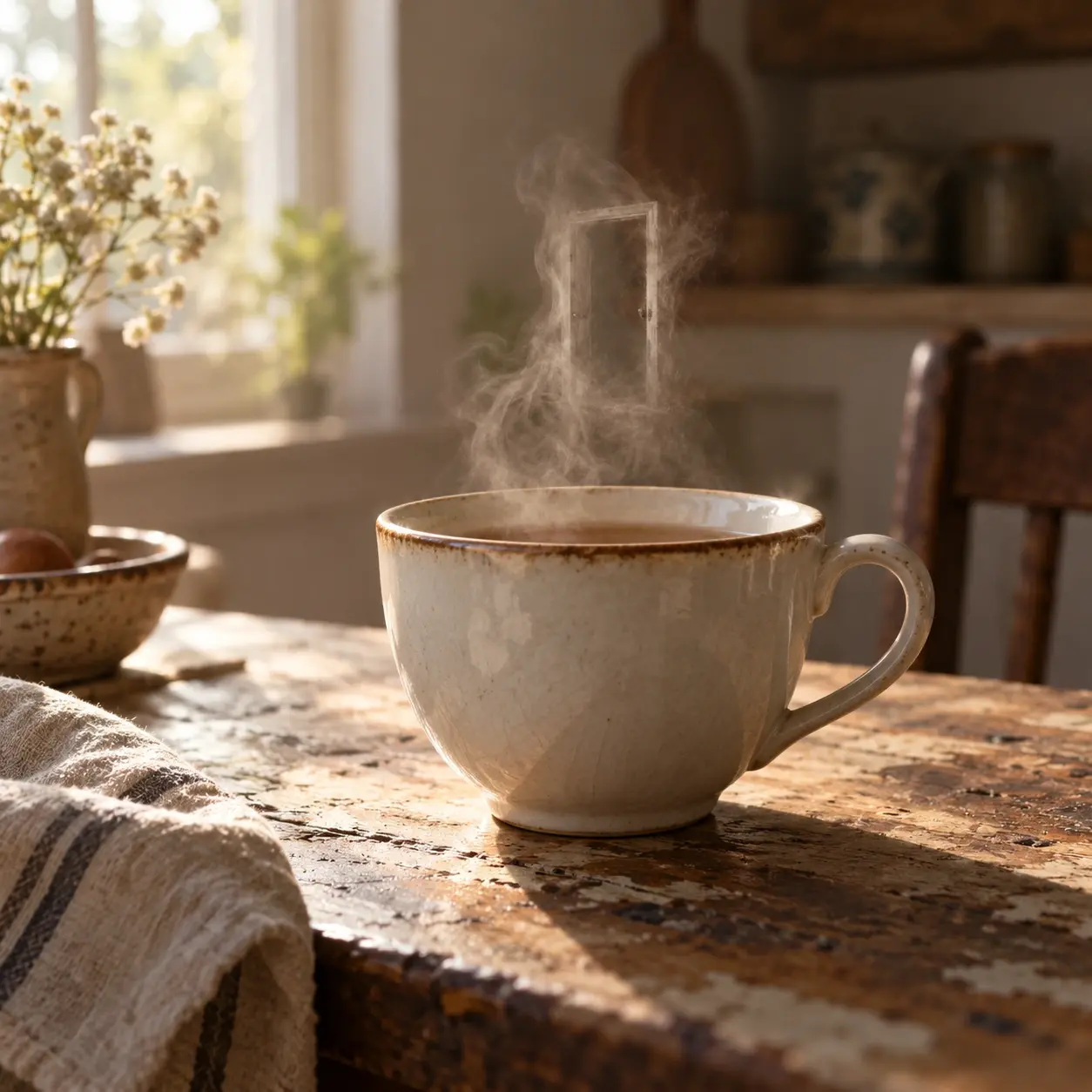 Steam forming a faint doorway above a cream teacup on a wooden table.