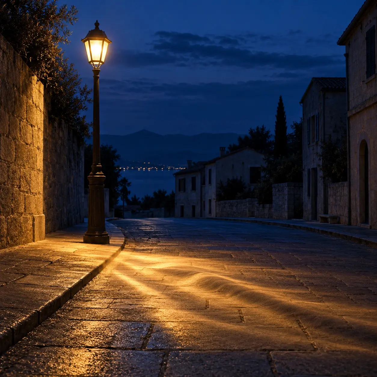 A streetlamp casting a warm cloth-like pool of light onto an empty street.