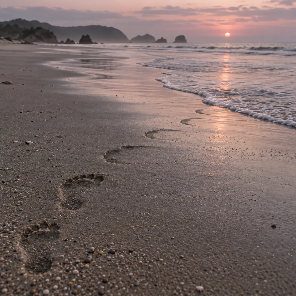 Footprints turning into curved sand grooves that disappear beneath a small wave.