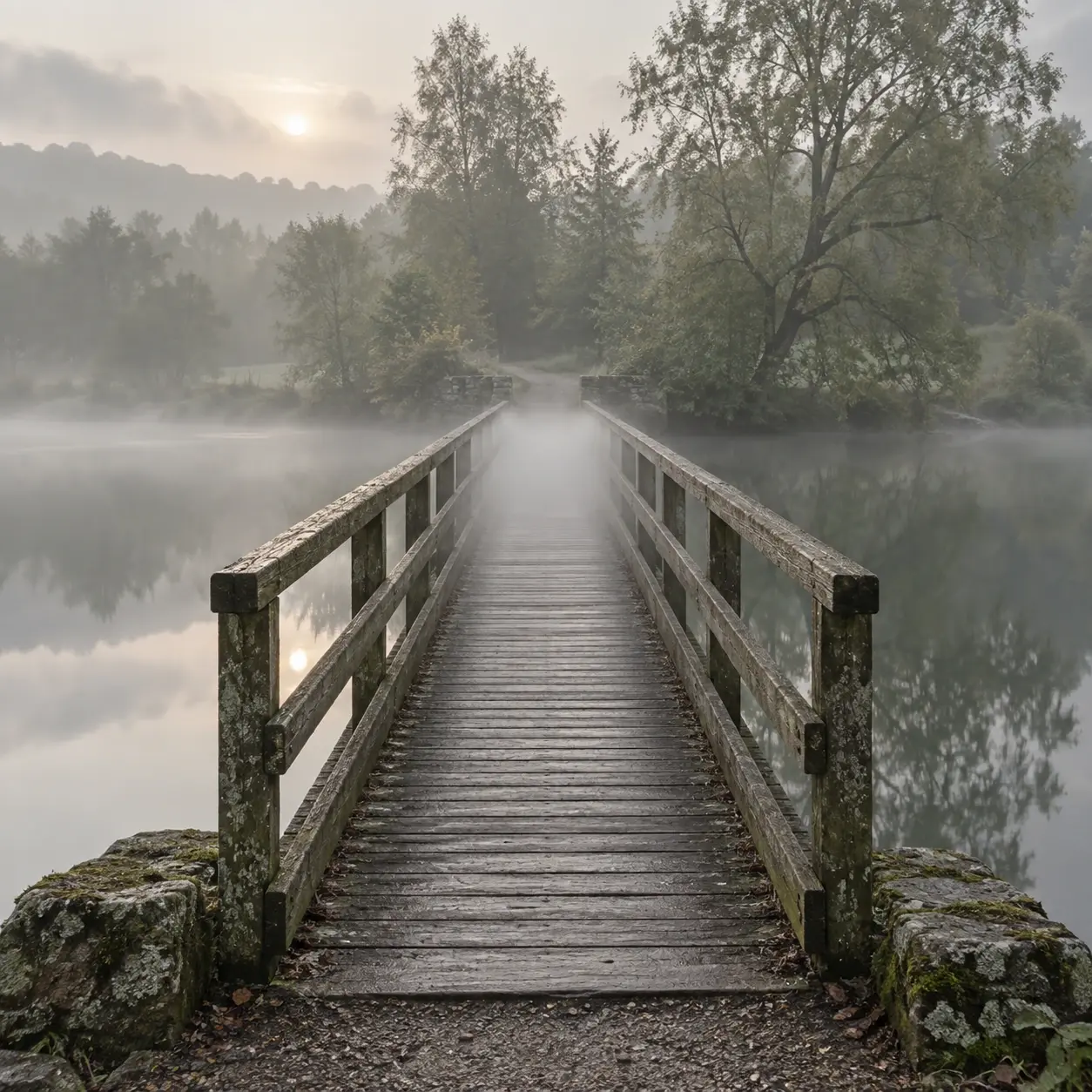 A wooden footbridge with a short section of its walkway hidden in morning mist.