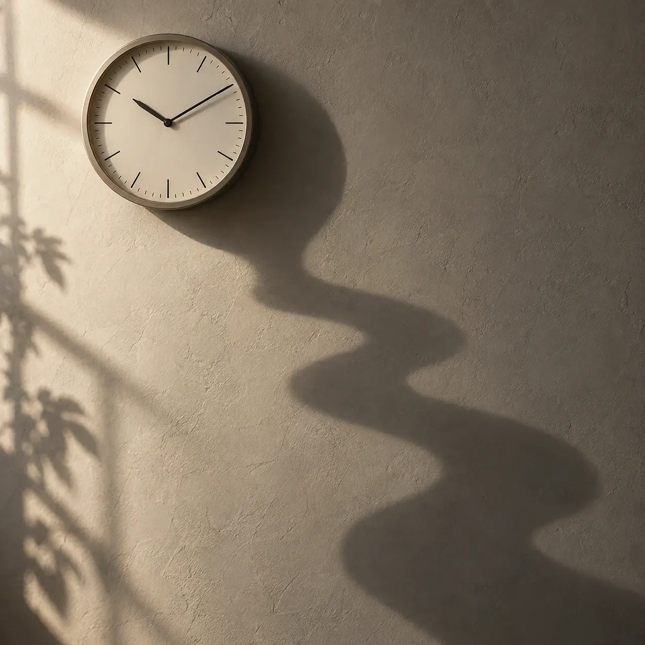 An intact analog wall clock casting a winding river-like shadow down a plain wall.