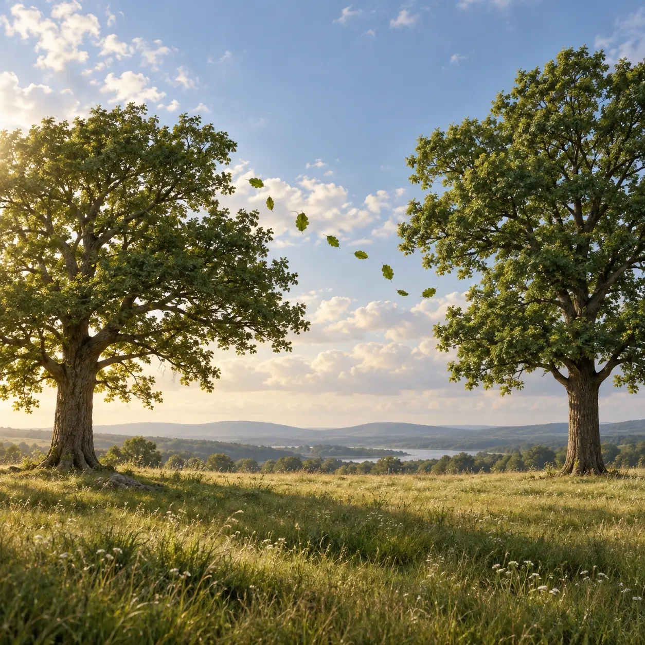 Two meadow trees connected visually by a curved trail of windblown leaves.